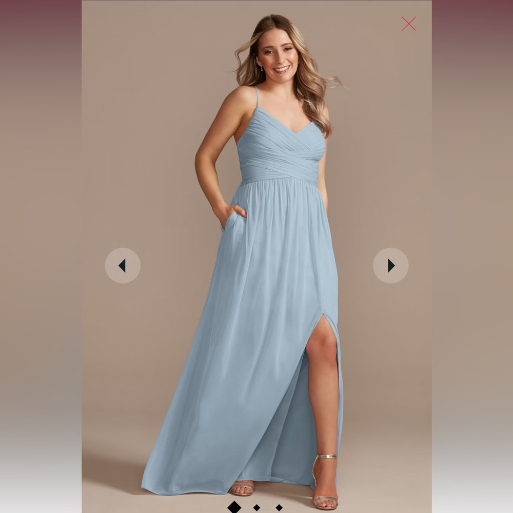 David's Bridal Dusty Blue Spaghetti Strap Maxi with Side Slit